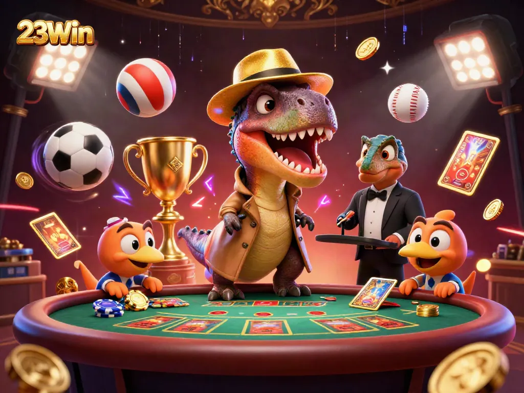 23Win captivating cartoon scene with a velociraptor card counter and sports betting excitement.