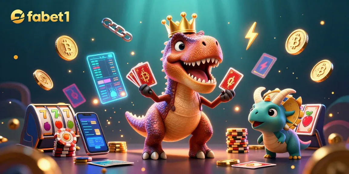 Engage with fabet1's thrilling card game, where a T-Rex plays poker amid vibrant casino elements.