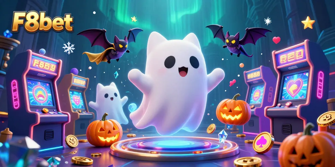 Experience thrilling games at F8bet, where a friendly ghost cat and bat explore a haunted casino rich with excitement.