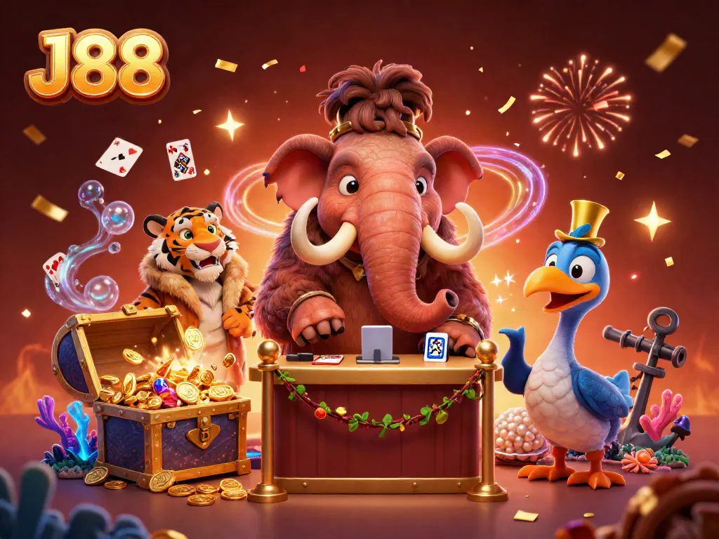 Experience the exciting world of J88 with vibrant casino characters and lively game elements.