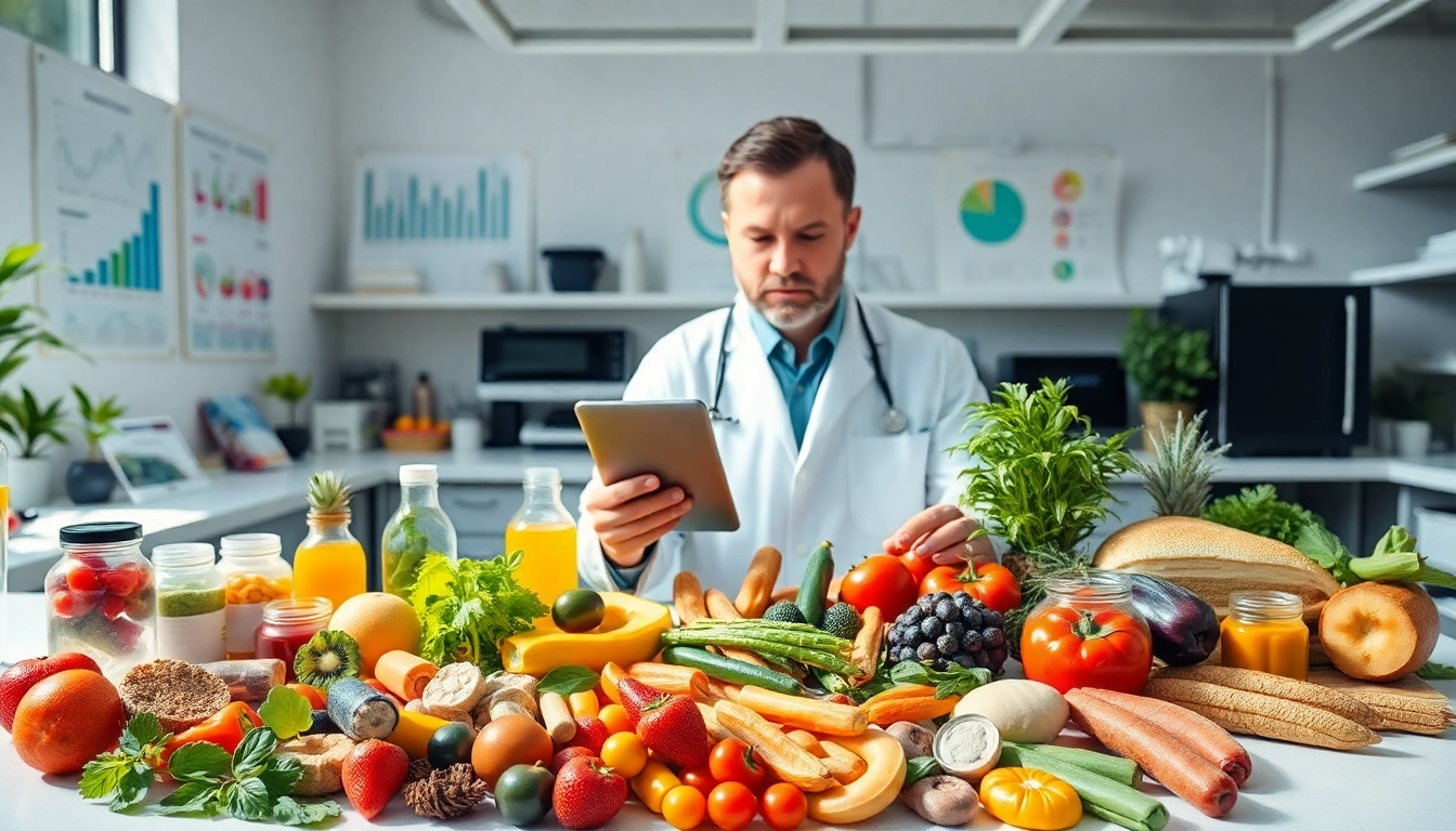 Total nutrition technology: Nutrition expert reviewing supplements in a modern lab environment.