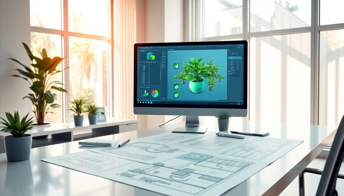 Creating intricate Plant 3D isometrics in a modern office setup with blueprints and a computer.