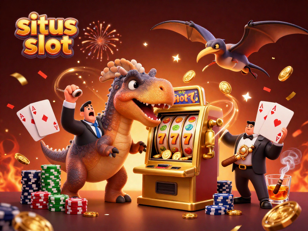 Menangkan jackpot di situs slot dengan dinosaurus dan koin emas berterbangan.
