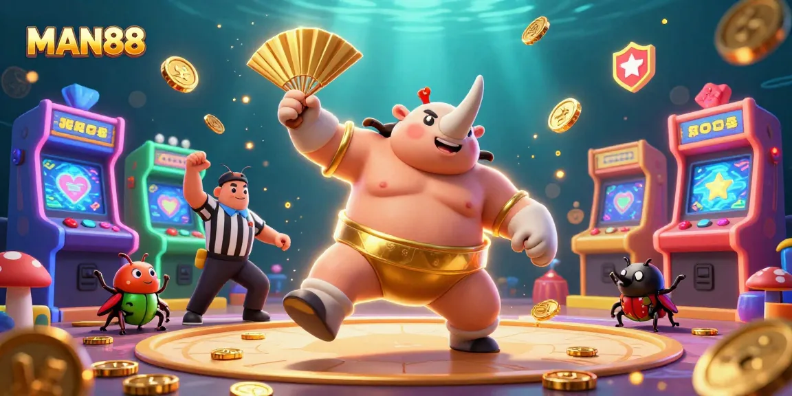 Experience the thrill with MAN88 as the sumo beetle champion stomps, sending coins flying in a vibrant casino atmosphere.