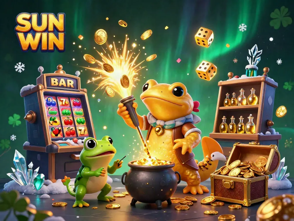 Experience the thrill of SUN WIN as a golden salamander alchemist creates gold coins amidst a lively casino scene.