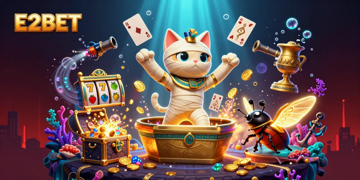 E2BET features a vibrant 3D scene with an Egyptian mummy cat and gold treasures in action.