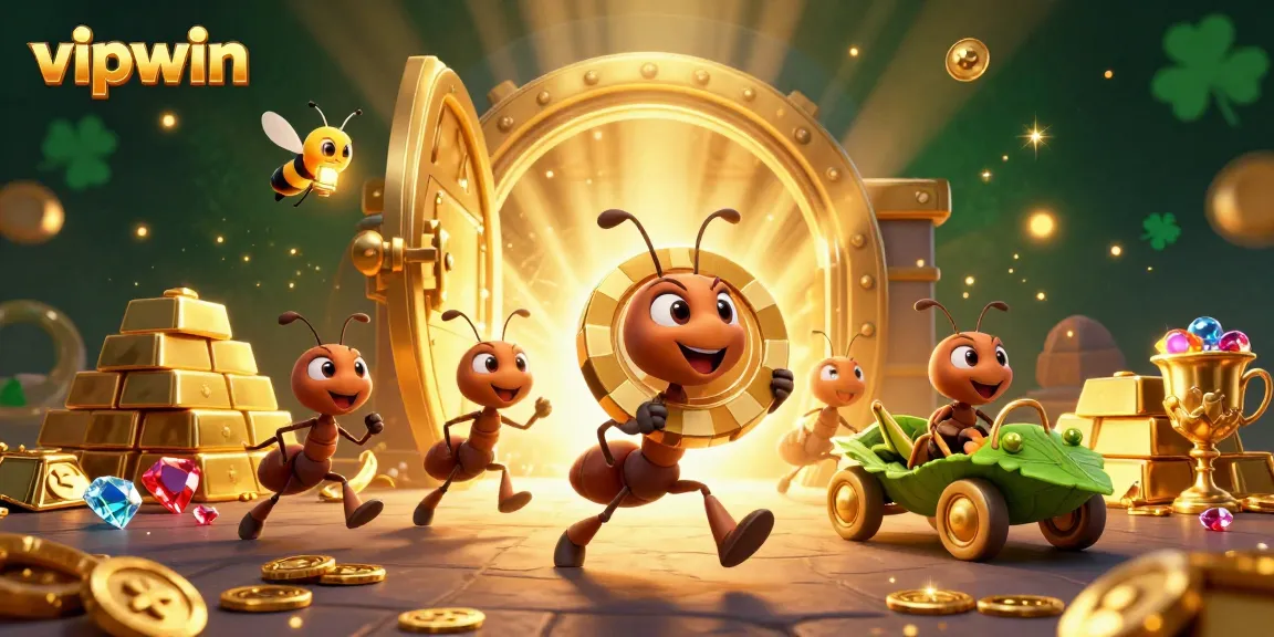 Join the vipwin ants' heist adventure with a golden poker chip amidst dazzling treasures!