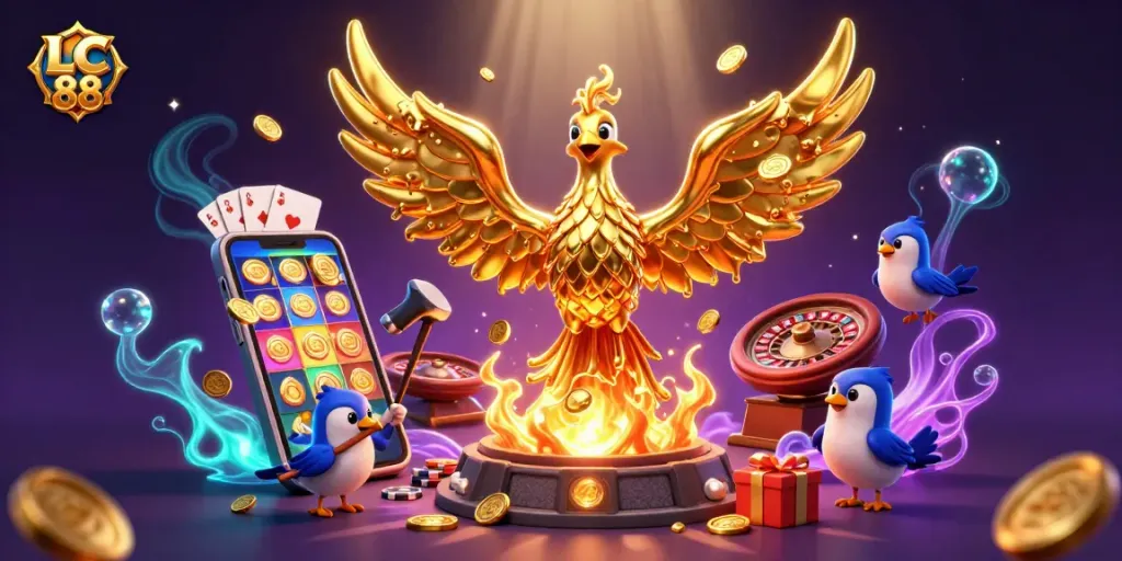 Engage with exciting gameplay at LC 88 featuring a molten metal phoenix and vibrant slot games.