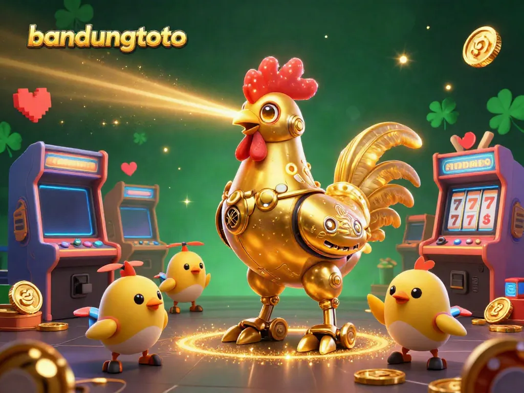Engage with bandungtoto’s vibrant arcade scene featuring a golden rooster robot and baby chick drones.