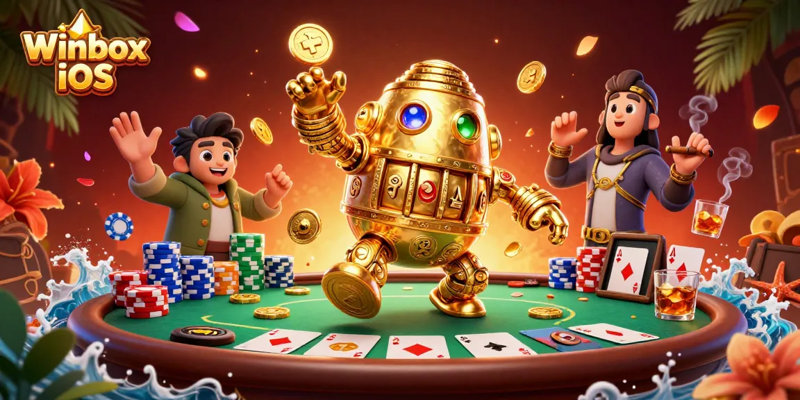 Winbox iOS app features a golden golem and poker elements in a vibrant casino scene.