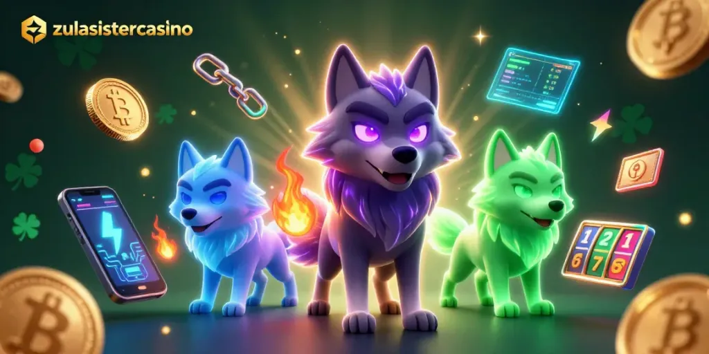 Win at zulasistercasino with the immersive 3D illustration featuring enchanting wolves and casino elements.
