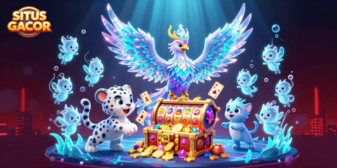 SITUS GACOR with a dazzling 3D illustration of a phoenix, slot reels, and playful ice sprites, showcasing a vibrant gaming atmosphere.