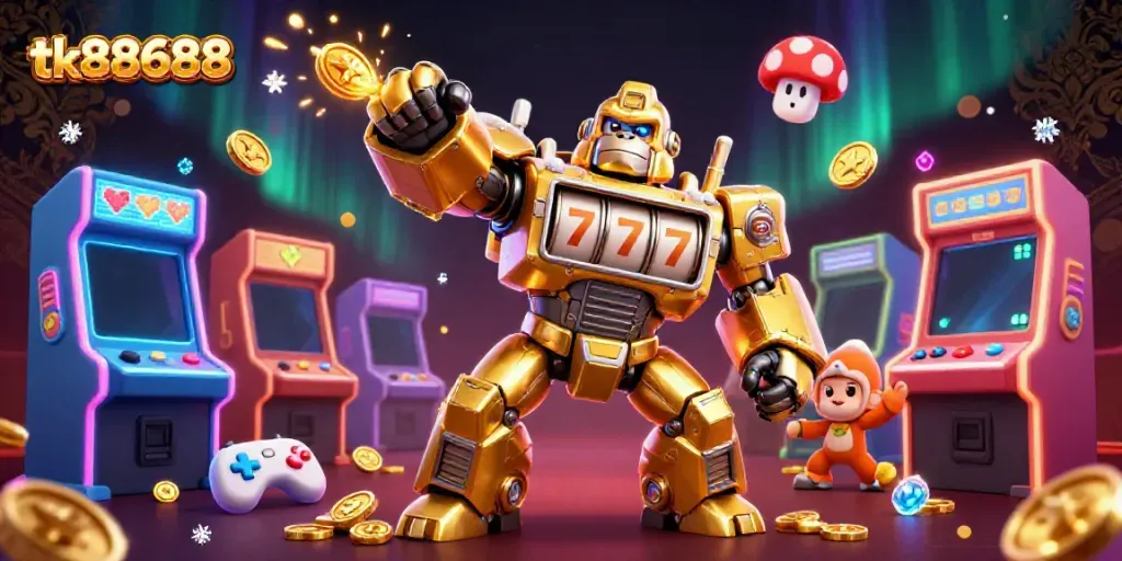 Engage in thrilling gameplay featuring the dynamic tk88688 golden gorilla mech illustrating vibrant casino action.