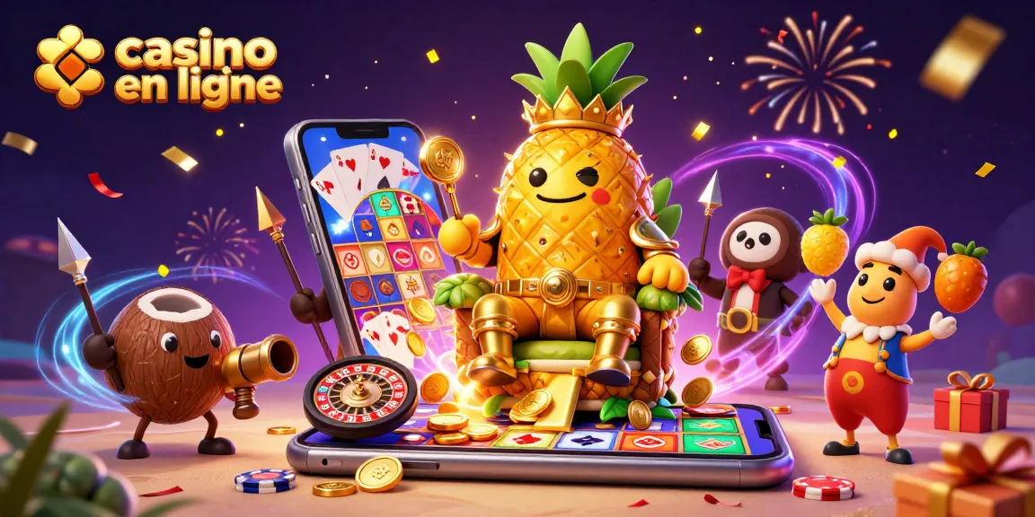Un roi ananas en ligne de casino, entouré de gardes et de jeux d'argent, offrant des stratégies gagnantes.
