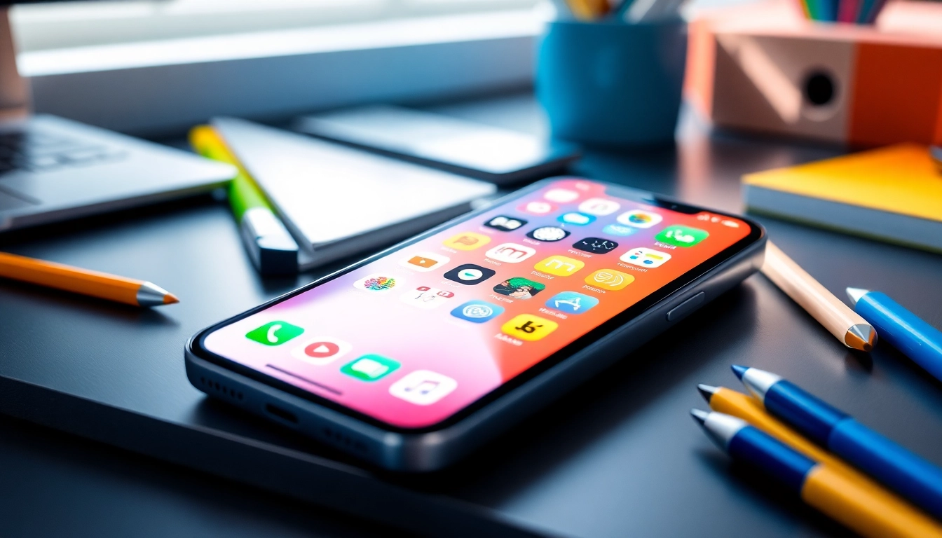 Showcase of iphone apps on smartphone screen in a workspace setting.