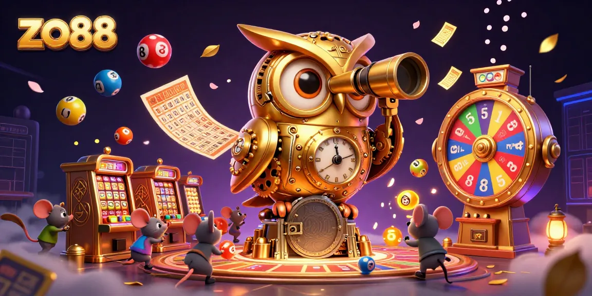 Engage in thrilling gaming at zo88 with a golden clockwork owl overseeing wealth from colorful slots and lottery.