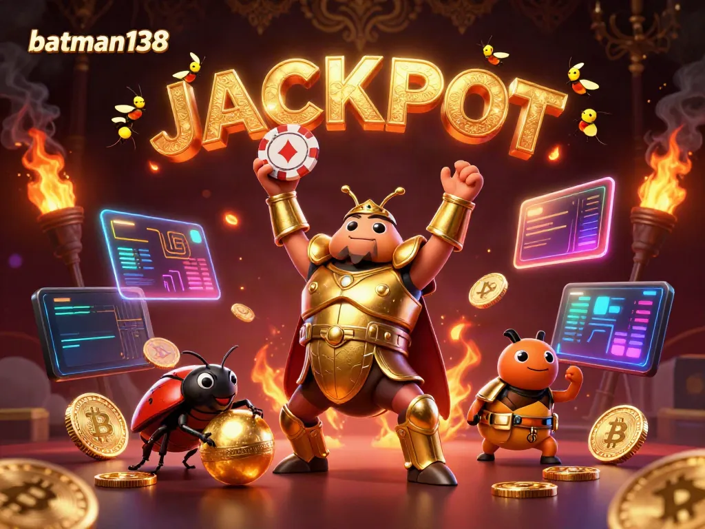 Experience the excitement of batman138 with a victorious beetle lifting a poker chip and shimmering crypto elements.