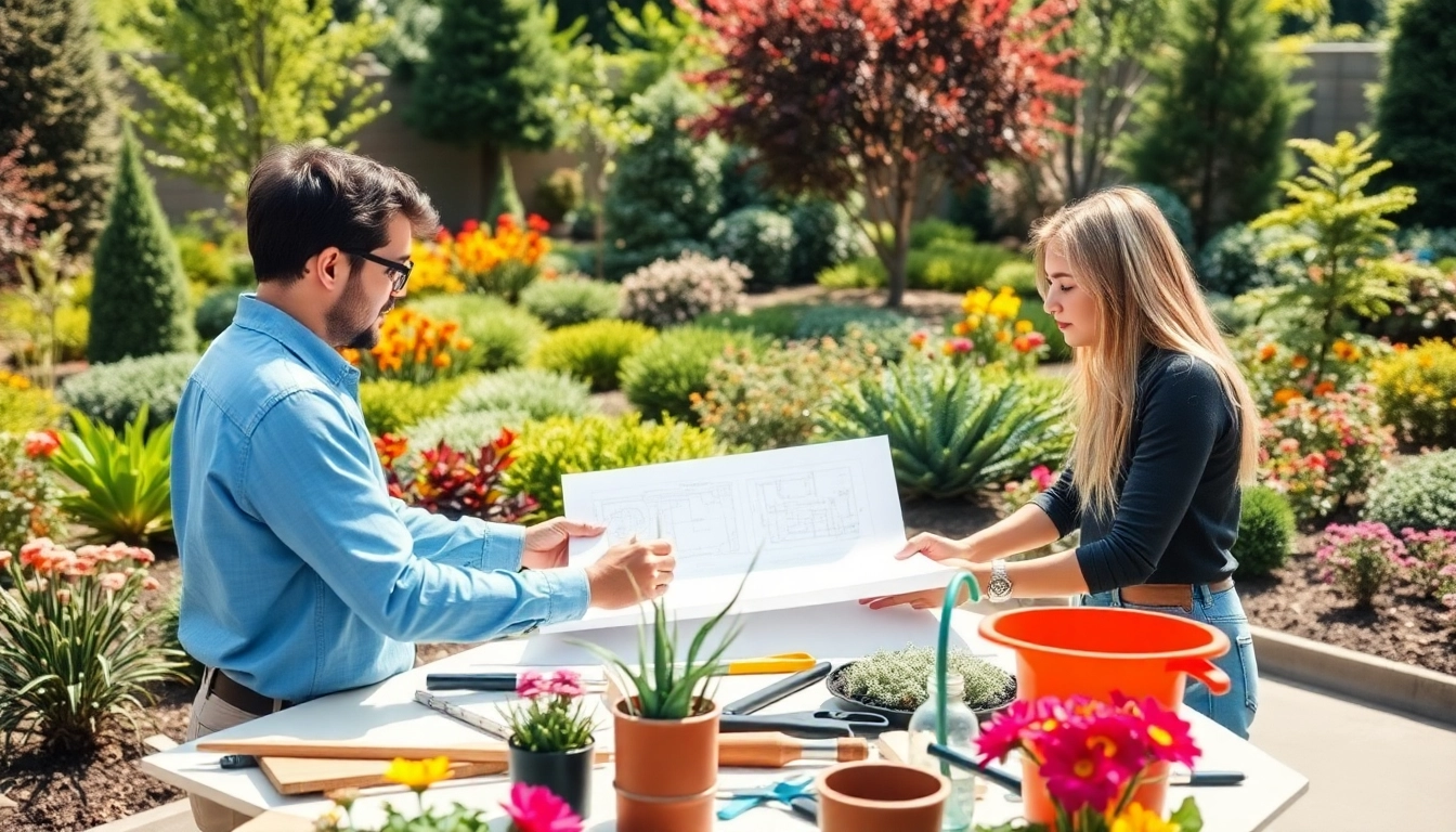 Find professional landscapers near me discussing innovative garden designs in a sunny setting.