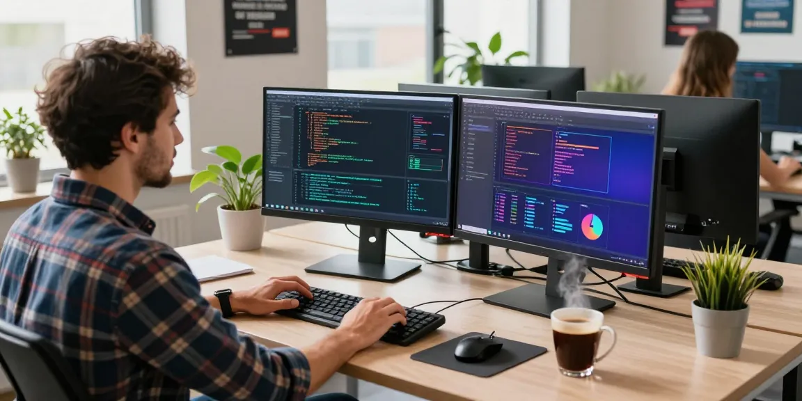 Engineer coding on monitors in a modern workspace, showcasing 456bd tech tools and collaboration.