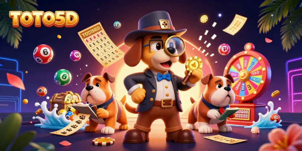 Engage in TOTO5D lottery action with a cartoon detective and vibrant game elements.
