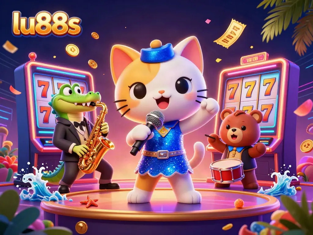 lu88s showcases a lively casino scene with colorful slot elements and charming characters.