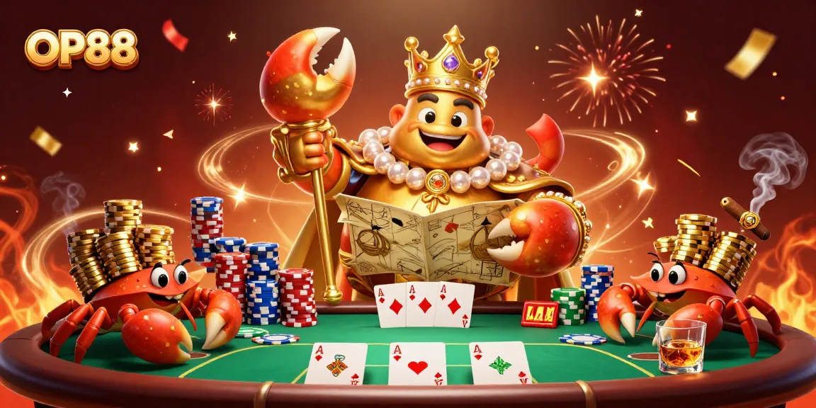 Experience the excitement of OP88 with a golden crab emperor surrounded by poker grandeur.