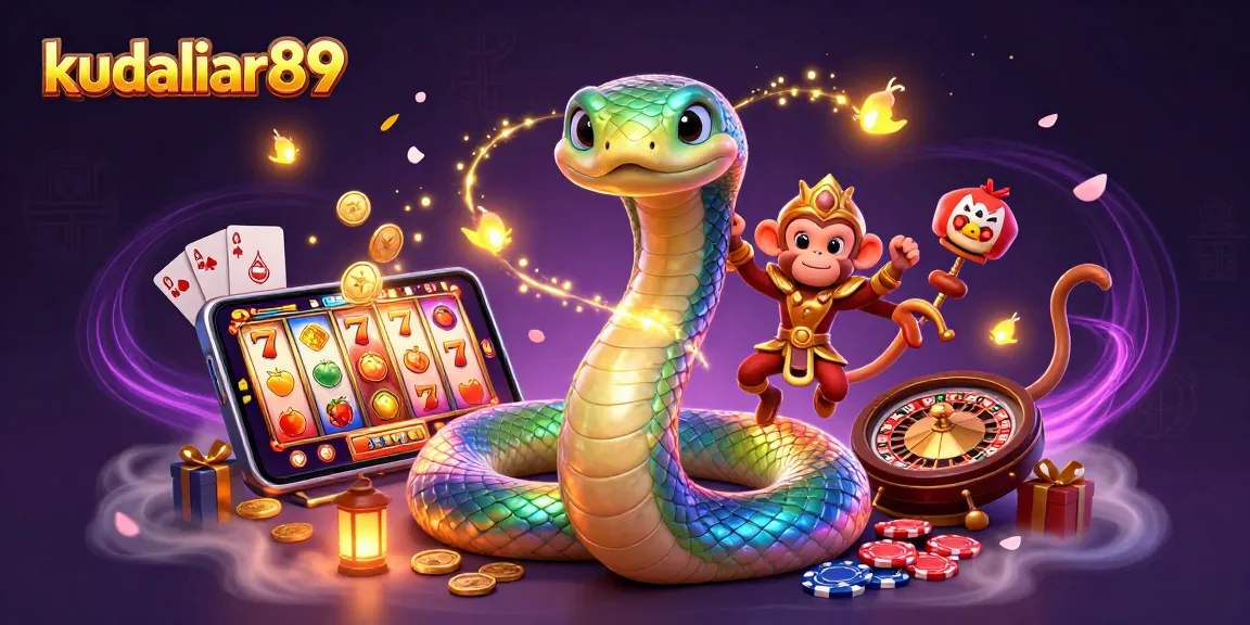 Experience the excitement with kudaliar89 in this vibrant casino scene featuring a playful monkey and a rainbow serpent.