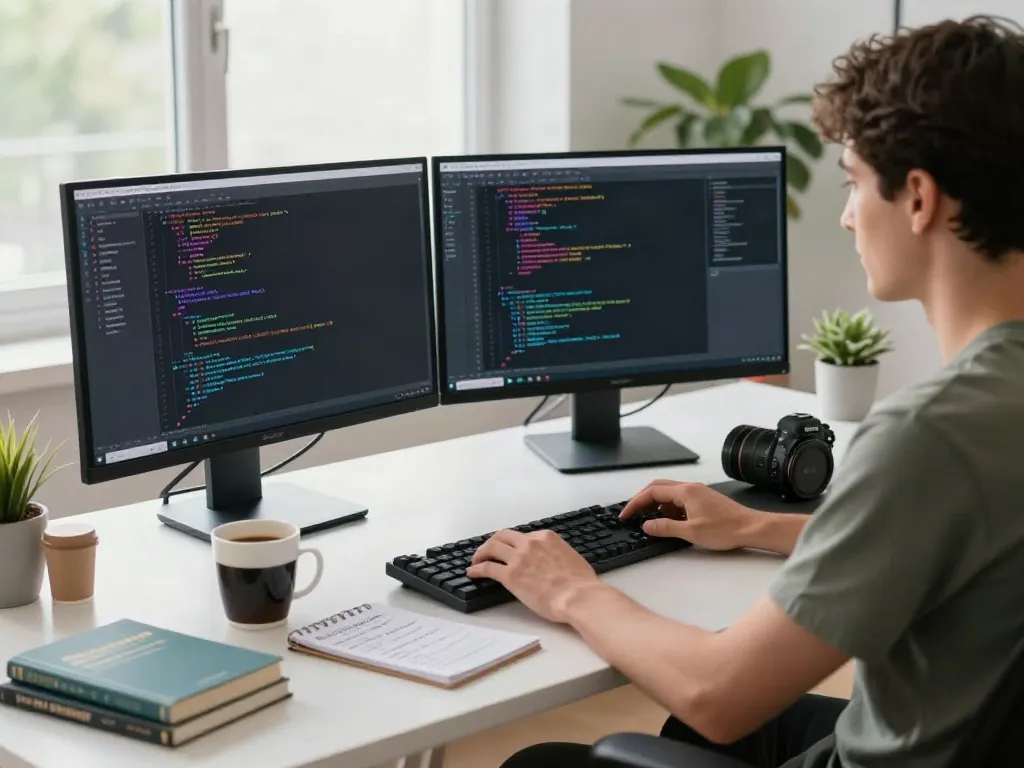 Developer using v2rayN on dual monitors in a modern workspace