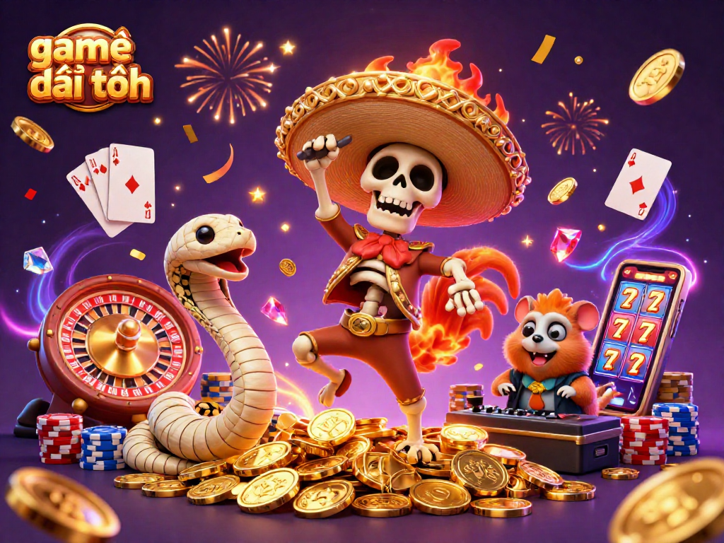 Experience the thrill of game bài đổi thưởng with colorful characters dancing among cascading coins and gems.