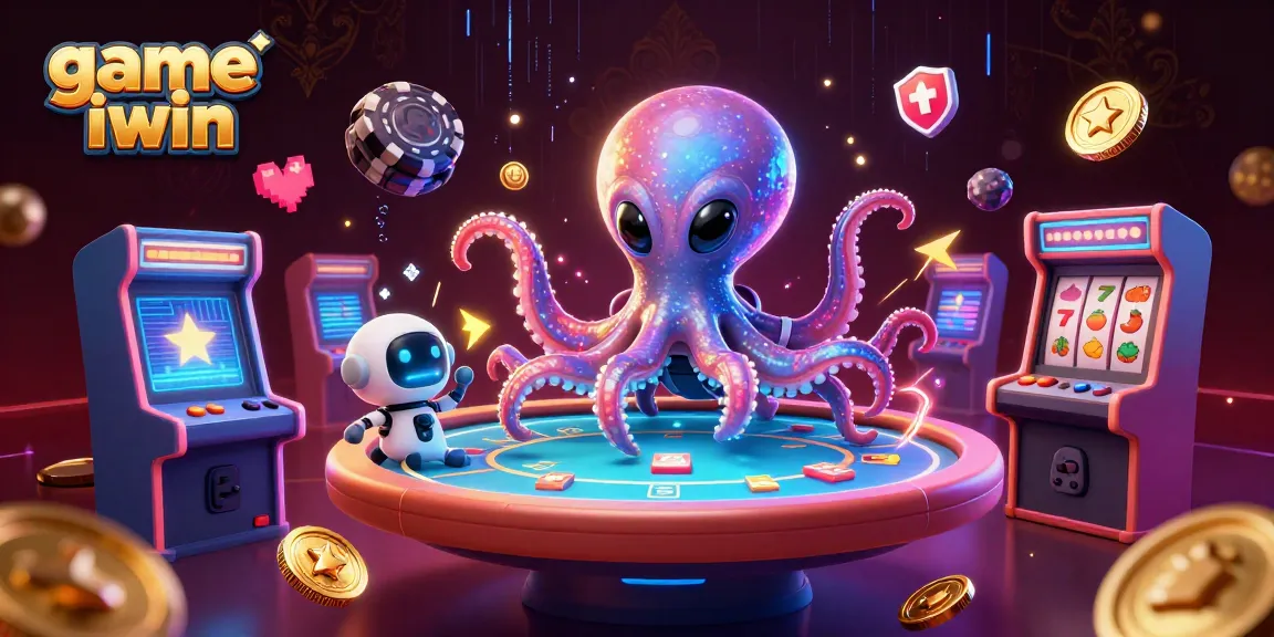 Engage in game iwin with an alien octopus at a vibrant casino table, surrounded by dynamic gaming elements.