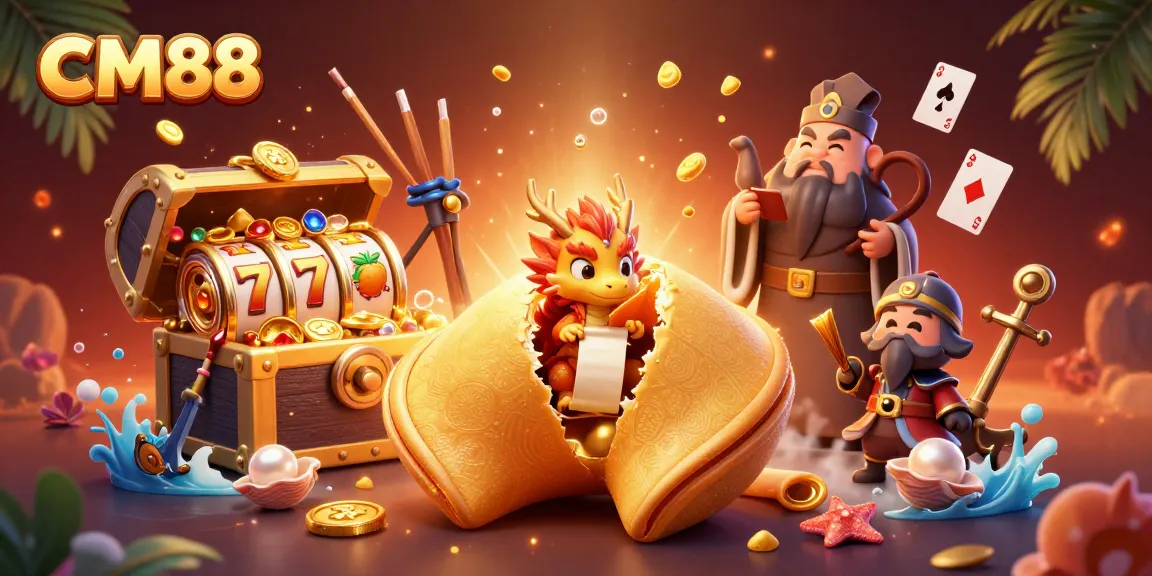Experience CM88's colorful slot adventure with a golden fortune cookie and dynamic casino elements.