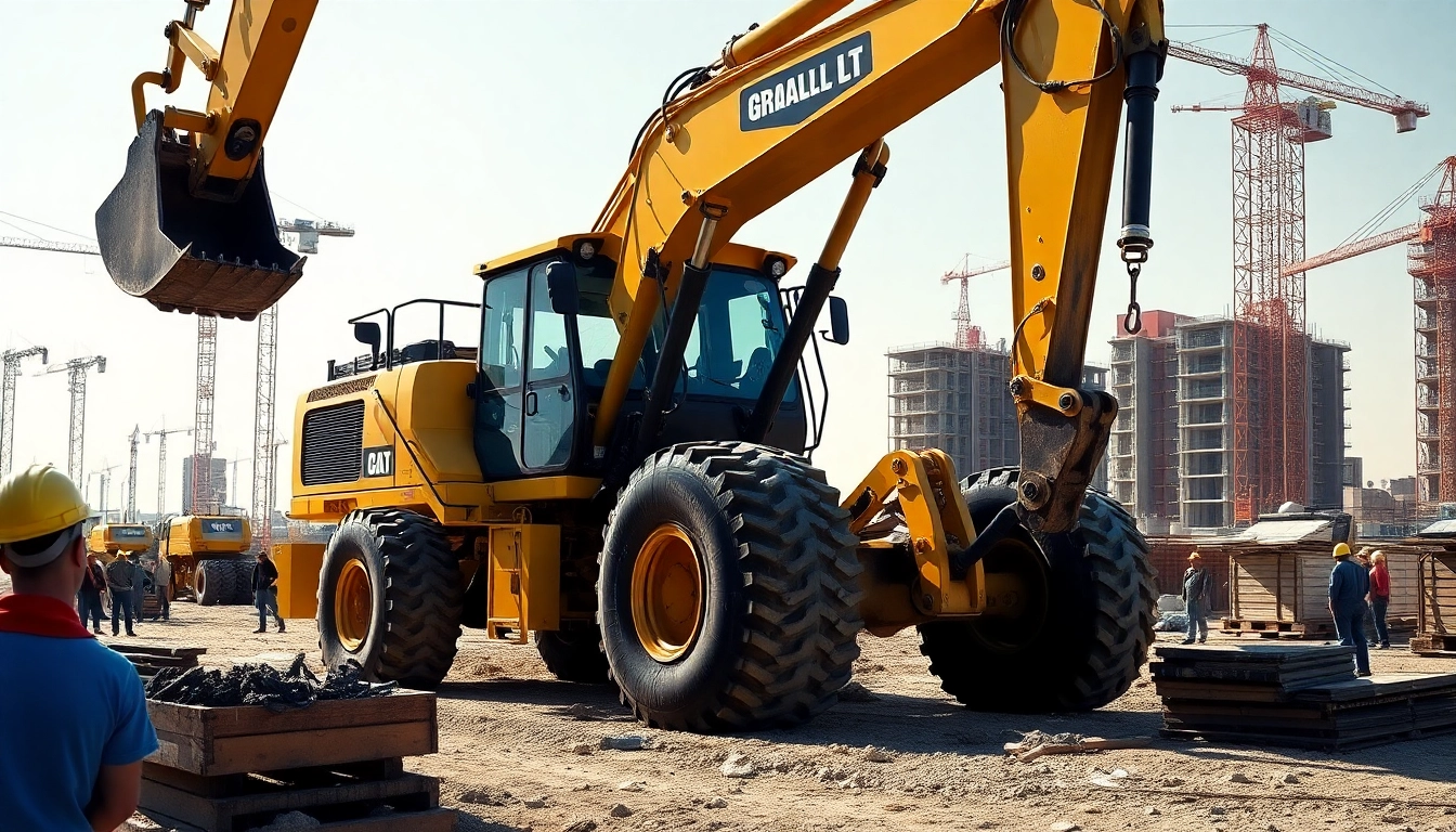 Gradall excavator lifting materials at a construction site, showcasing its hydraulic power.