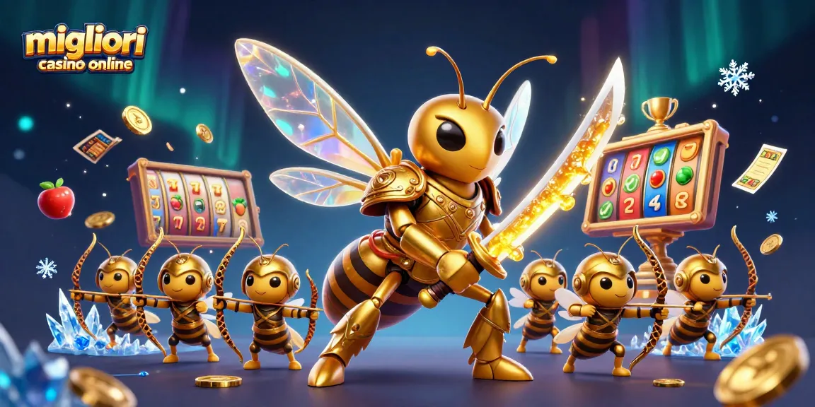 Illustrazione 3D colorata dei migliori casino online con simboli delle slot e un'ape gigante in armatura samurai
