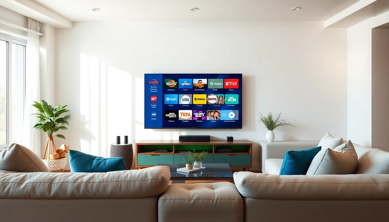 Experience Free IPTV Trial 24 Hours through an inviting home entertainment setup featuring vibrant IPTV channels.
