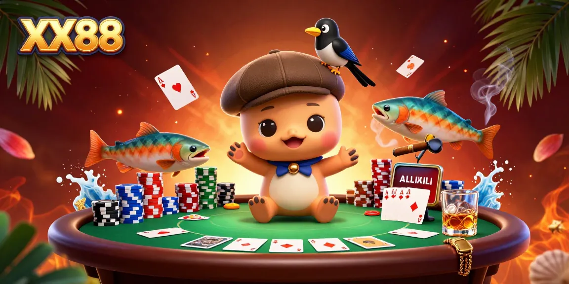 Join the excitement at XX88 with a fun-filled 3D casino scene featuring poker elements and vibrant characters.