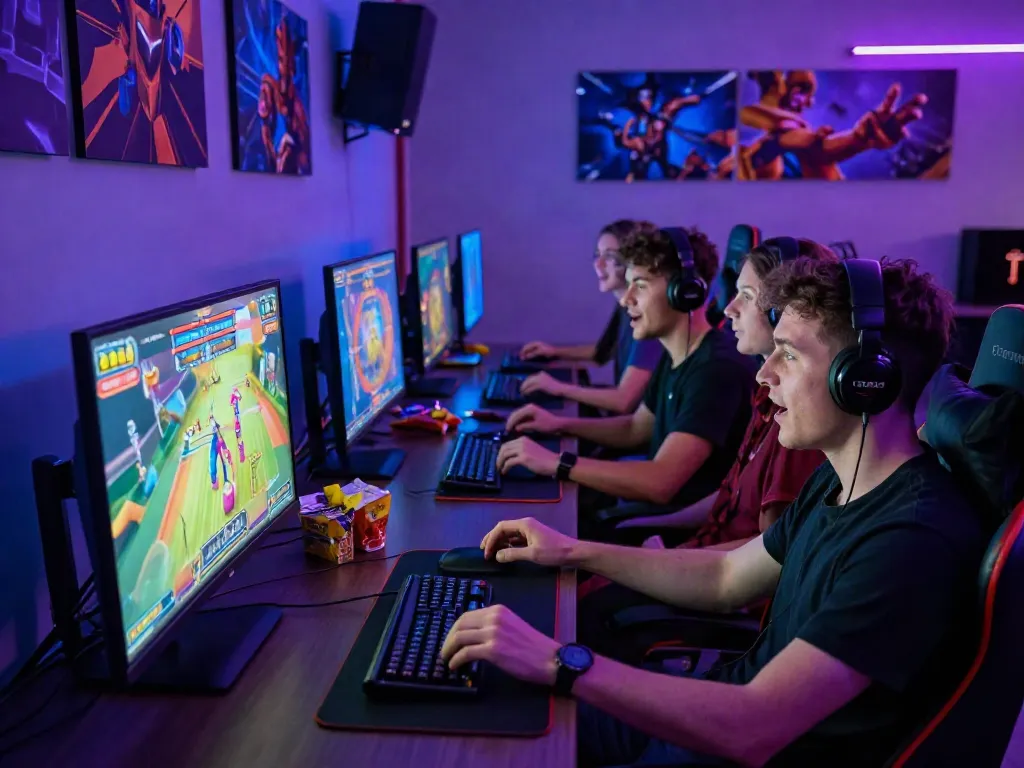 Friends enjoying a lively gaming session while playing slot gacor online, surrounded by gaming gear and colorful lights.