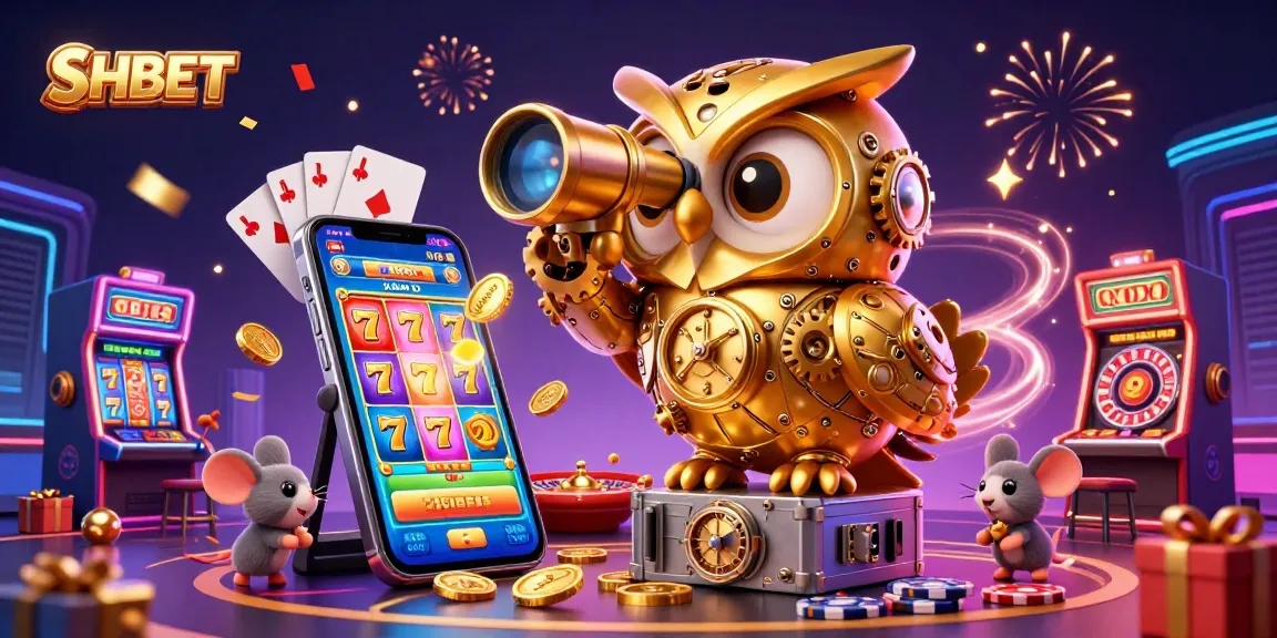 Spin the reels with SHBET as a golden owl oversees thrilling casino action with slot games and excitement.