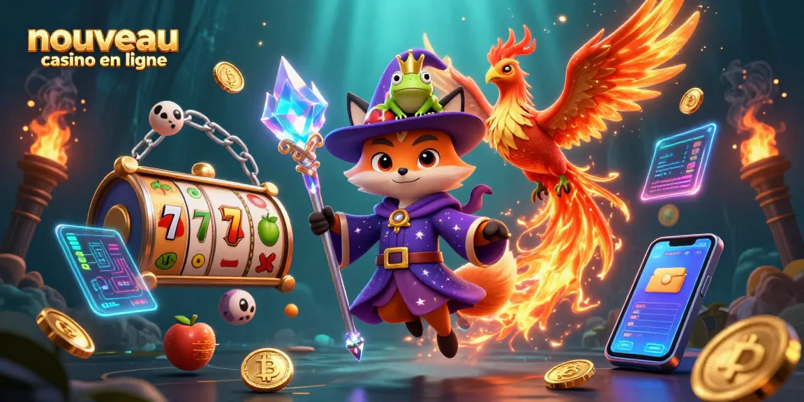 Illustration dynamique d'un nouveau casino en ligne avec des éléments de jeux et de crypto-monnaie, captivant les joueurs.