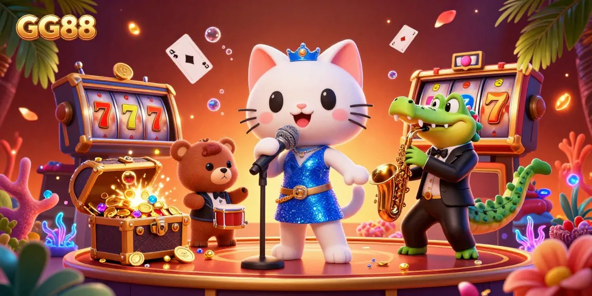 Experience the thrilling energy of GG88 with a vibrant casino scene featuring lively characters and exciting game elements.