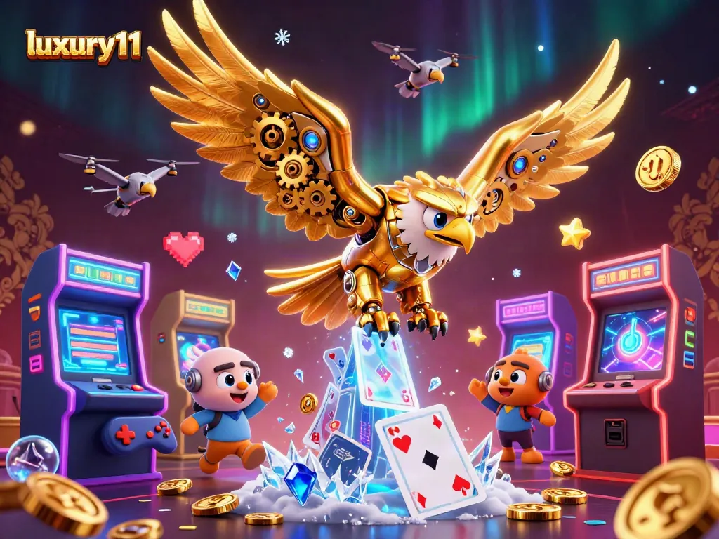 Experience thrilling win moments at luxury111, featuring a cybernetic eagle soaring through dynamic game elements.