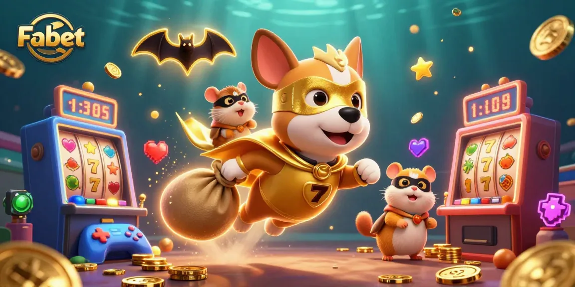 Fabet slots and jackpot action animated by a superhero dog and sidekick hamster