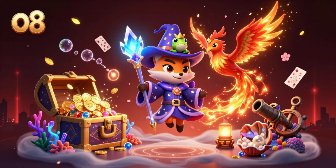 Spin to win with o8 in a vibrant 3D casino scene filled with treasures and festive elements.
