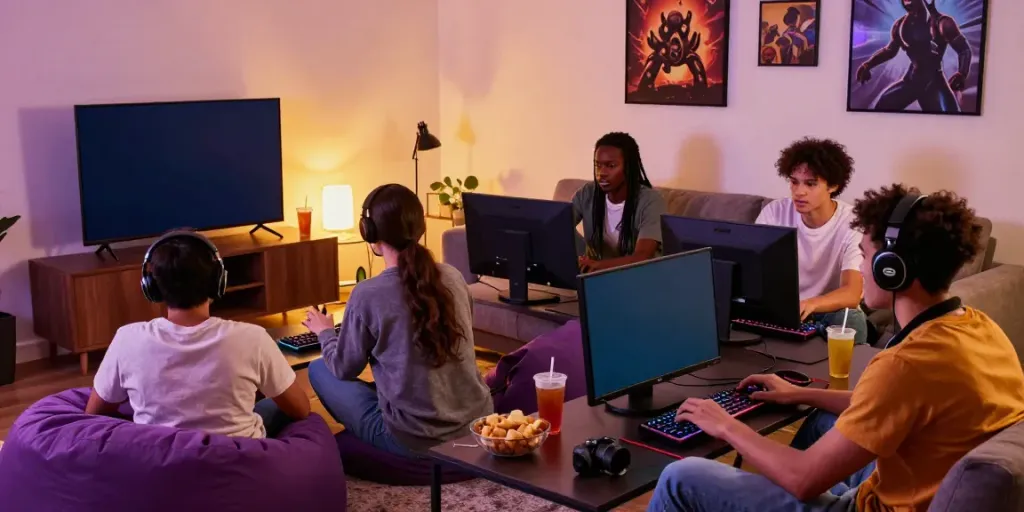 Friends enjoying PG SLOT games together in a cozy gaming room.