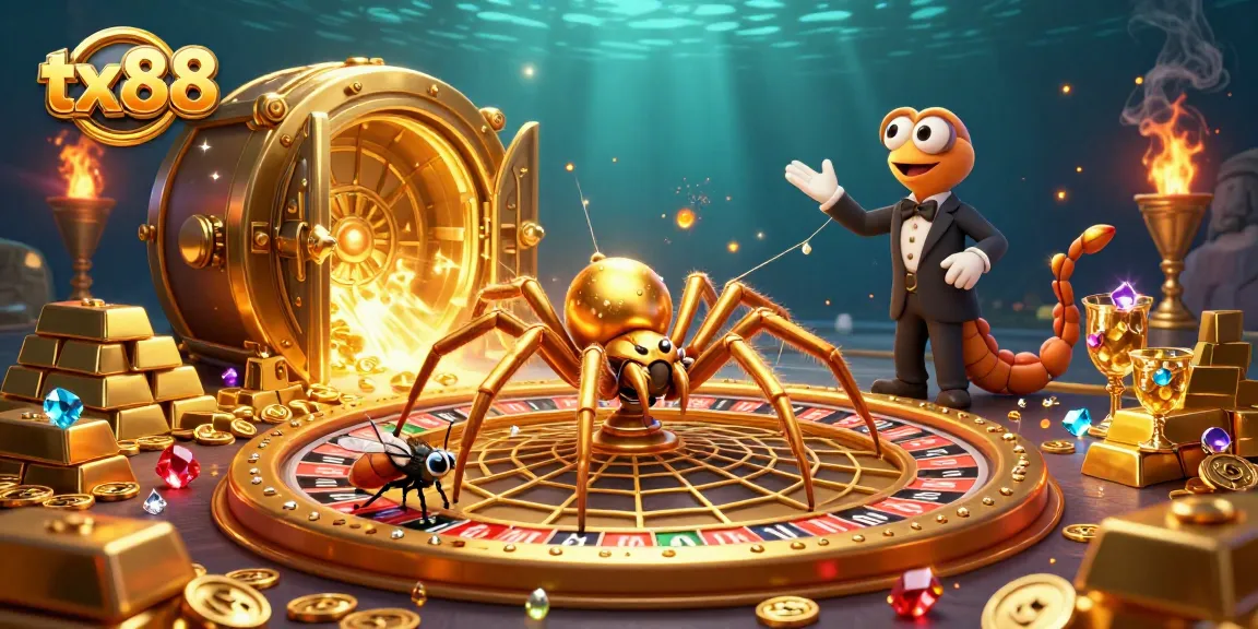 Experience the thrill of tx88 with a captivating golden roulette wheel scene featuring a unique spider croupier.