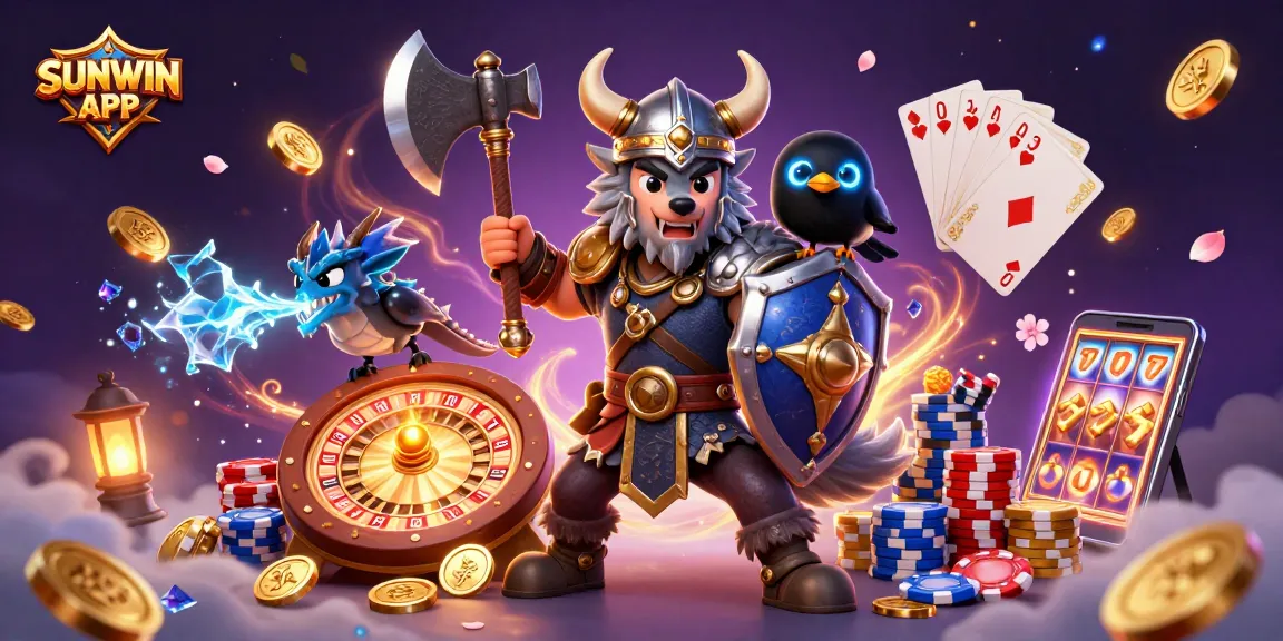 Engage with the SUNWIN APK experience featuring a Viking warrior and allies amidst casino treasures.