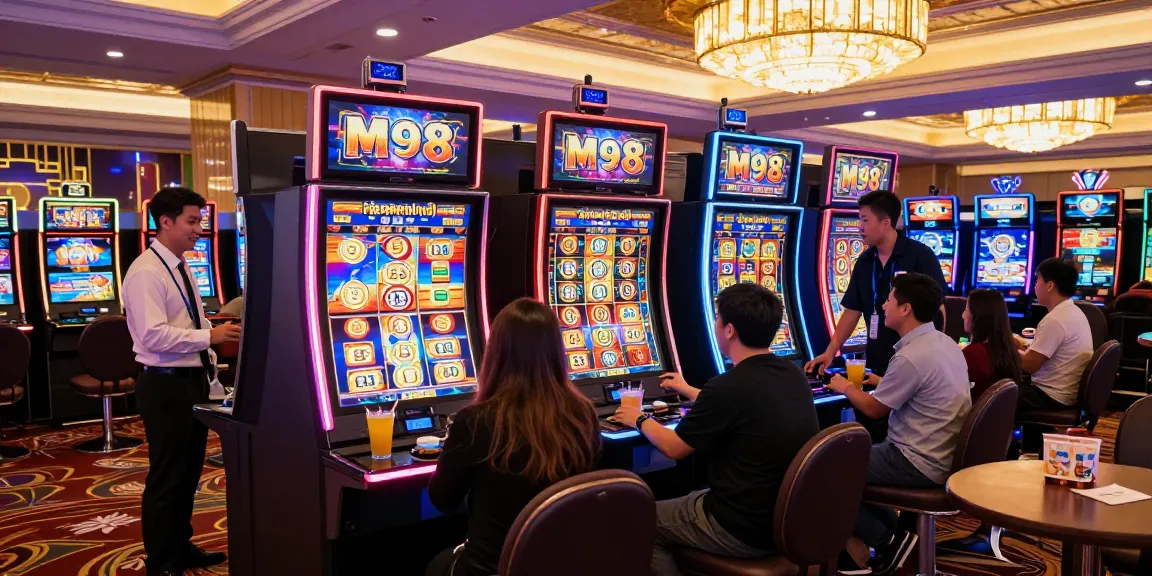 Exciting gaming atmosphere featuring M98 สล๊อตเว็บตรง slot machine with players celebrating a jackpot.