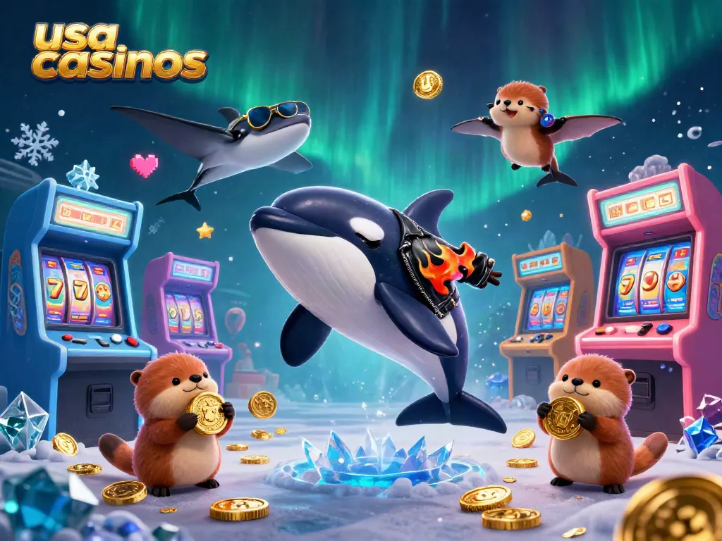Experience the excitement of usa casinos with a playful orca and otter family in a vibrant underwater scene.