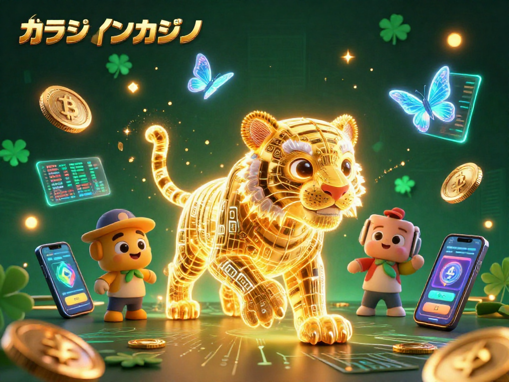 オンラインカジノで3Dワイヤーフレームのゴールデンタイガーがバイナリコードを引きずりながら踊るシーン