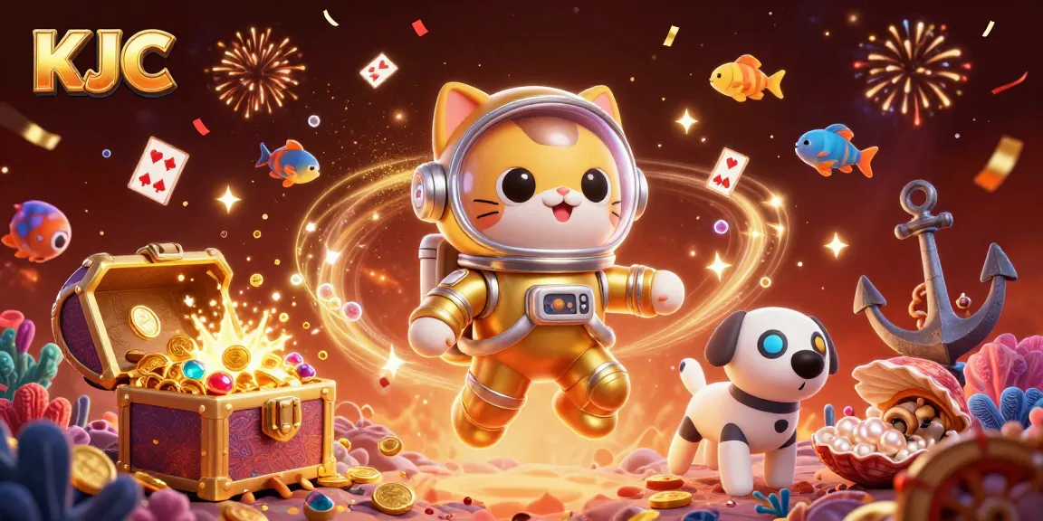 KJC's vibrant 3D illustration showcases a cat astronaut with rocket dog amidst casino-themed underwater treasures.