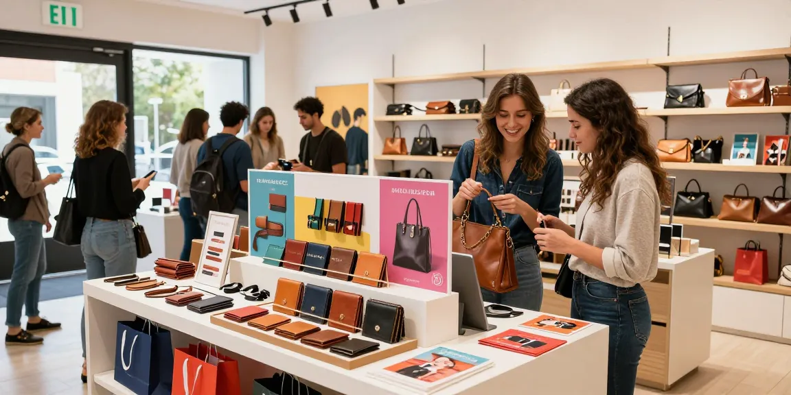 Shopper examining a leather handbag while exploring slot items in a vibrant retail store.